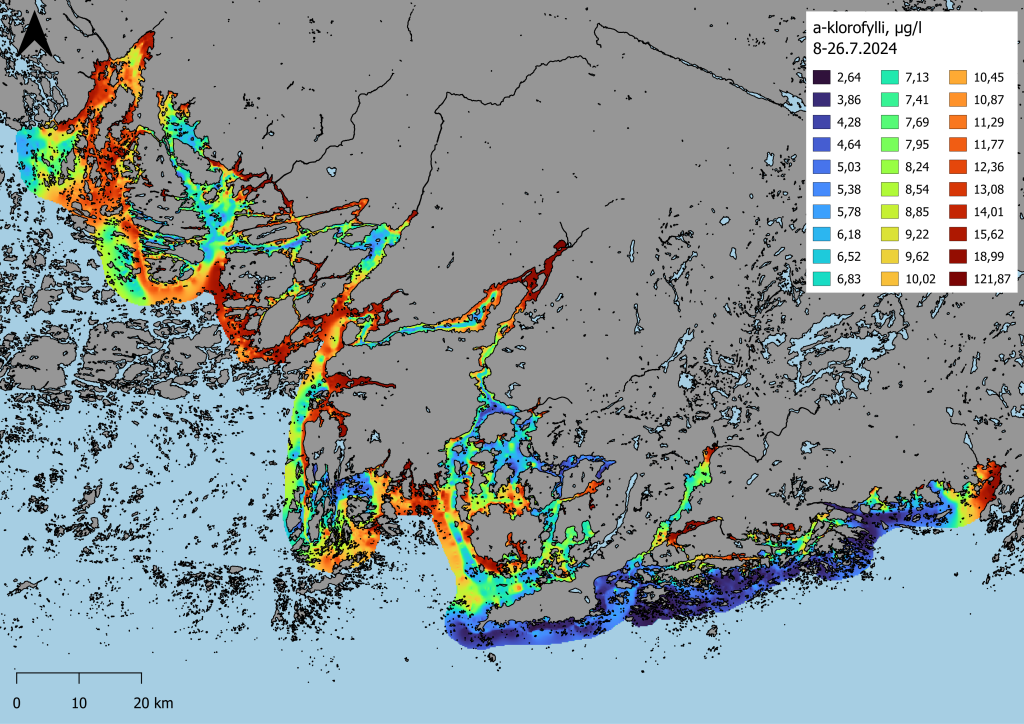 Coastrider menetelmällä kerättyä dataa karttamuodossa. A-klorofyllipitoisuudet rannikkoalueilla heinäkuussa 2024.